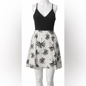 Black & White Palm Print Fit-and-Flare Dress